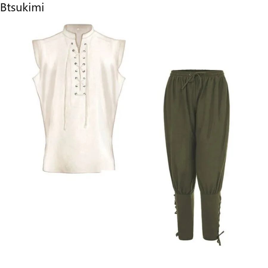 2025 Medieval Men's Cotton Linen 2pc Sets Renaissance Victorian Men Lace-up Stand Collar Tops Pants Casual Suit Cosplay Costumes