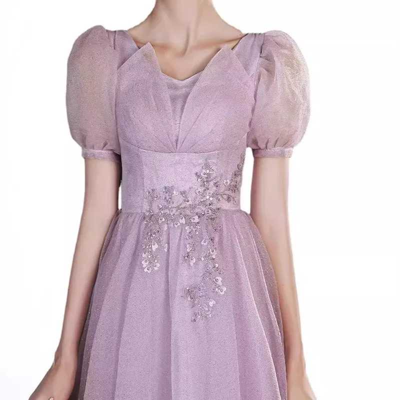 2025 Women's New Mesh Sexy V-neck Sparkling Evening Dress Fashionable Slimming Princess Sleeve Banquet President's Dress