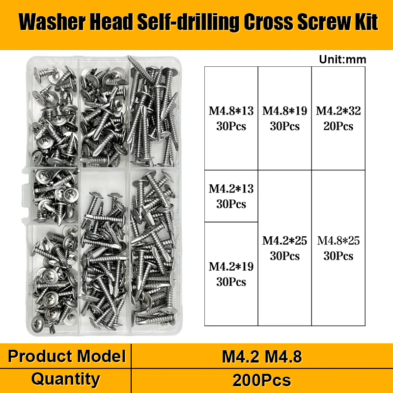 200pcs M4.2 M4.8 Cross Self Drilling Screw Kit Washer Head Self Drilling Tapping Screw 410 Stainless Steel Hardiflex Screw Set