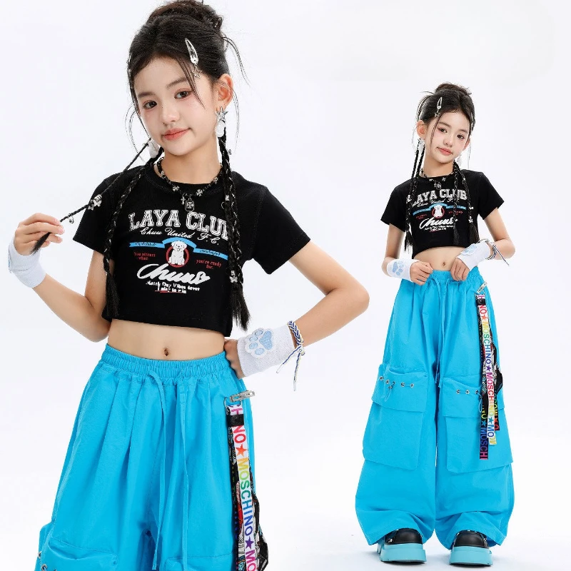 

New Girls Jazz Dance Clothes Kpop Cheerlead Dance Outfits Black Tops Blue Pants Catwalk Clothing Group Stage Performance Costume