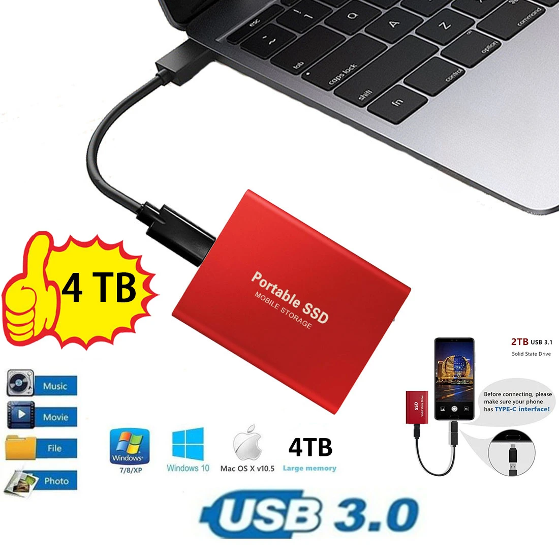 Zewnętrzny dysk twardy szybki Mini przenośny zewnętrzny dysk SSD USB/typu C do laptopów/komputerów stacjonarnych/stacjonarnych/telefonów Ssd 2TB