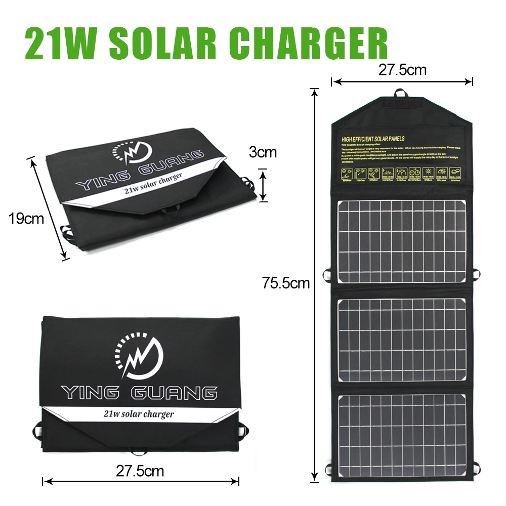 Original 21W 28W Foldable Solar Panel Portable Quick Charging 2 USB Port Charger for 12V Battery Phone iPhone Samsung Power Bank