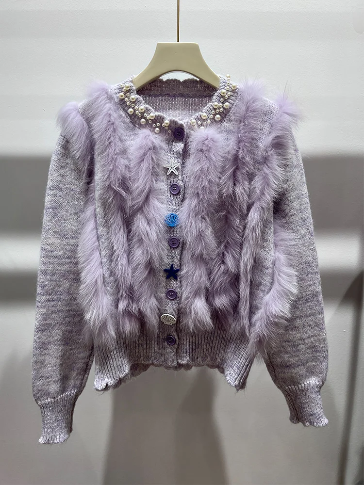 

2025 Fashion Women Autumn Real Natural Fox Fur Knitted Jacket Coat Female V-neck Short Loose Fluffy Sweater Luxury Coat