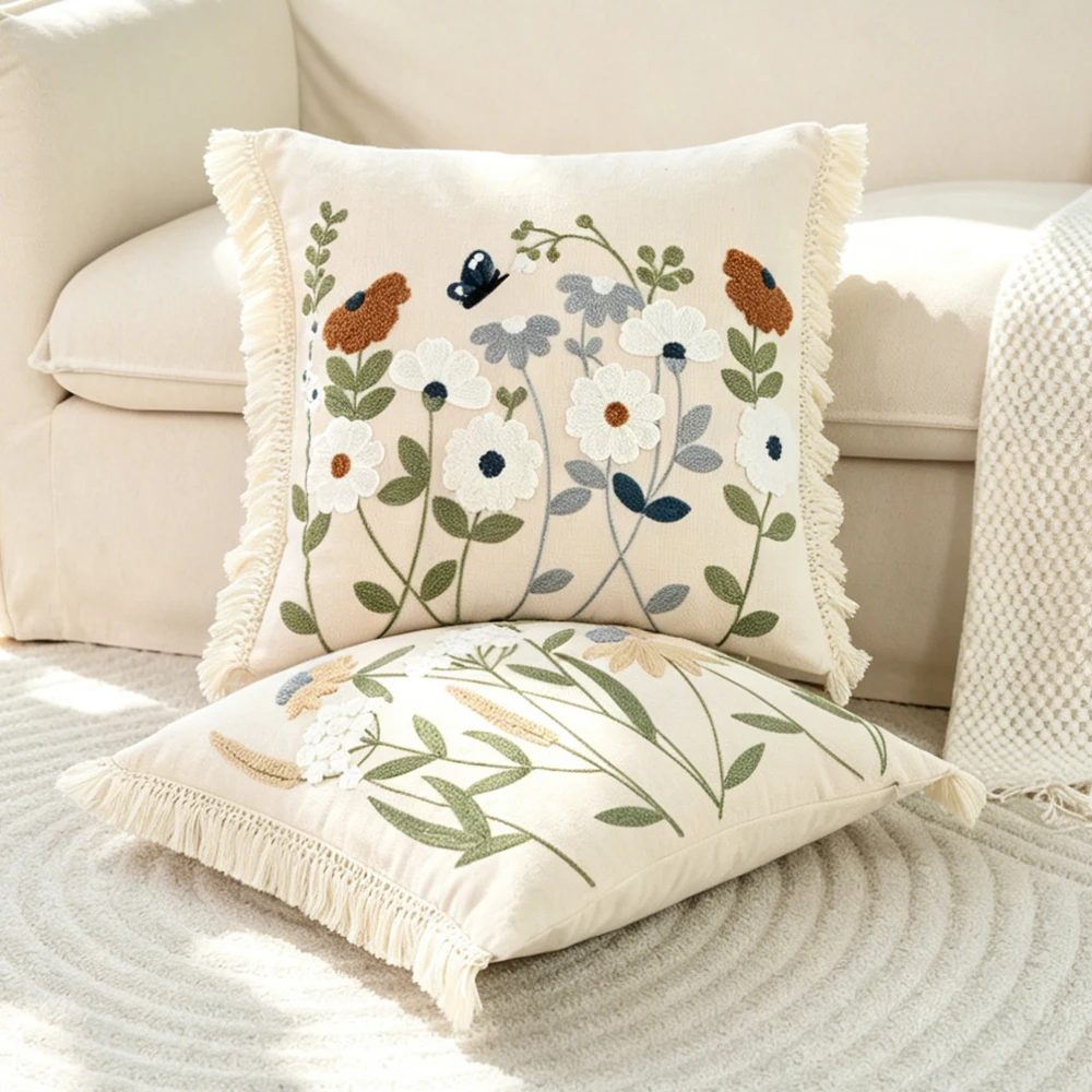 BUYNOW 1PC Floral Embroidered Cushion Cover Without Filler Bohemian Pastoral Style Cushion Cover Sofa Bedroom Home Fabric Decor