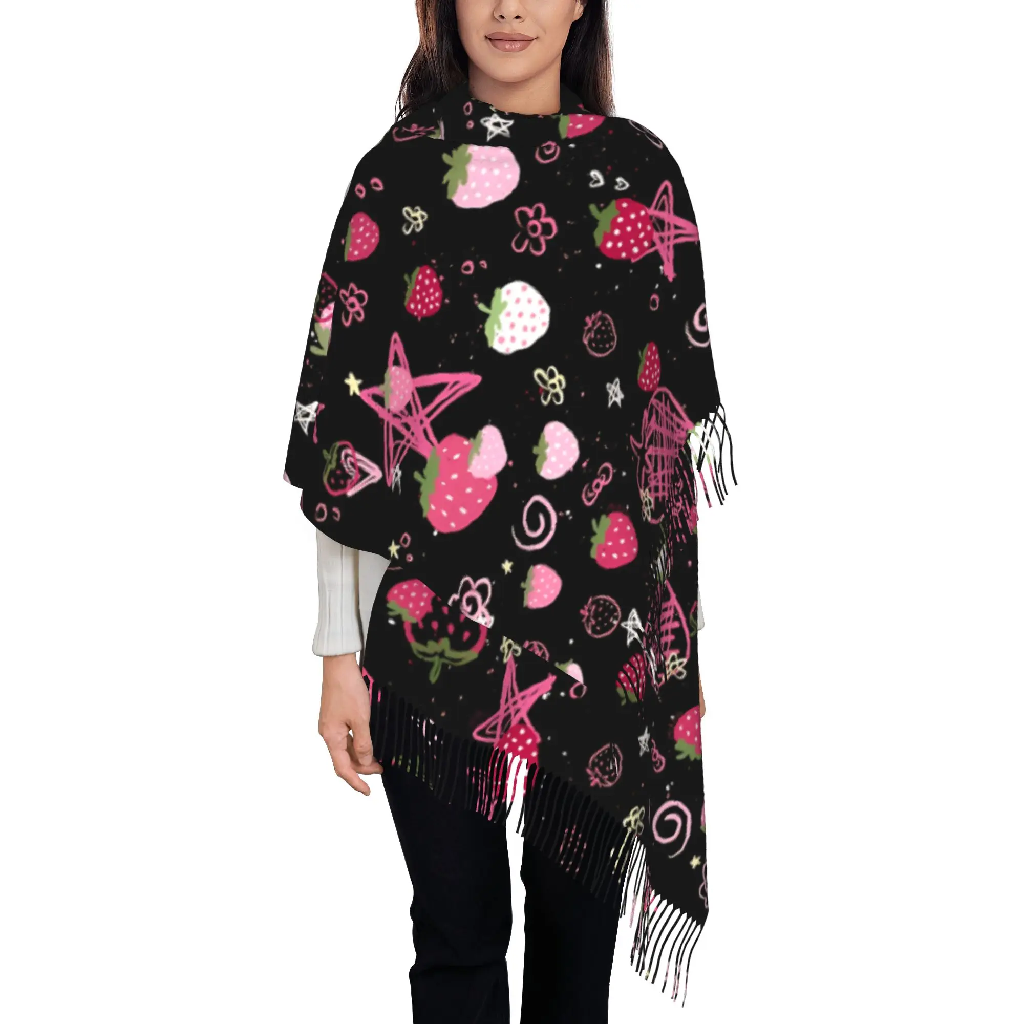 1 PC Dark Pink Berry Graphic Echarpe Wraps  In Winter New Design Windproof Birthday Gift Tassels Shawl Scarves