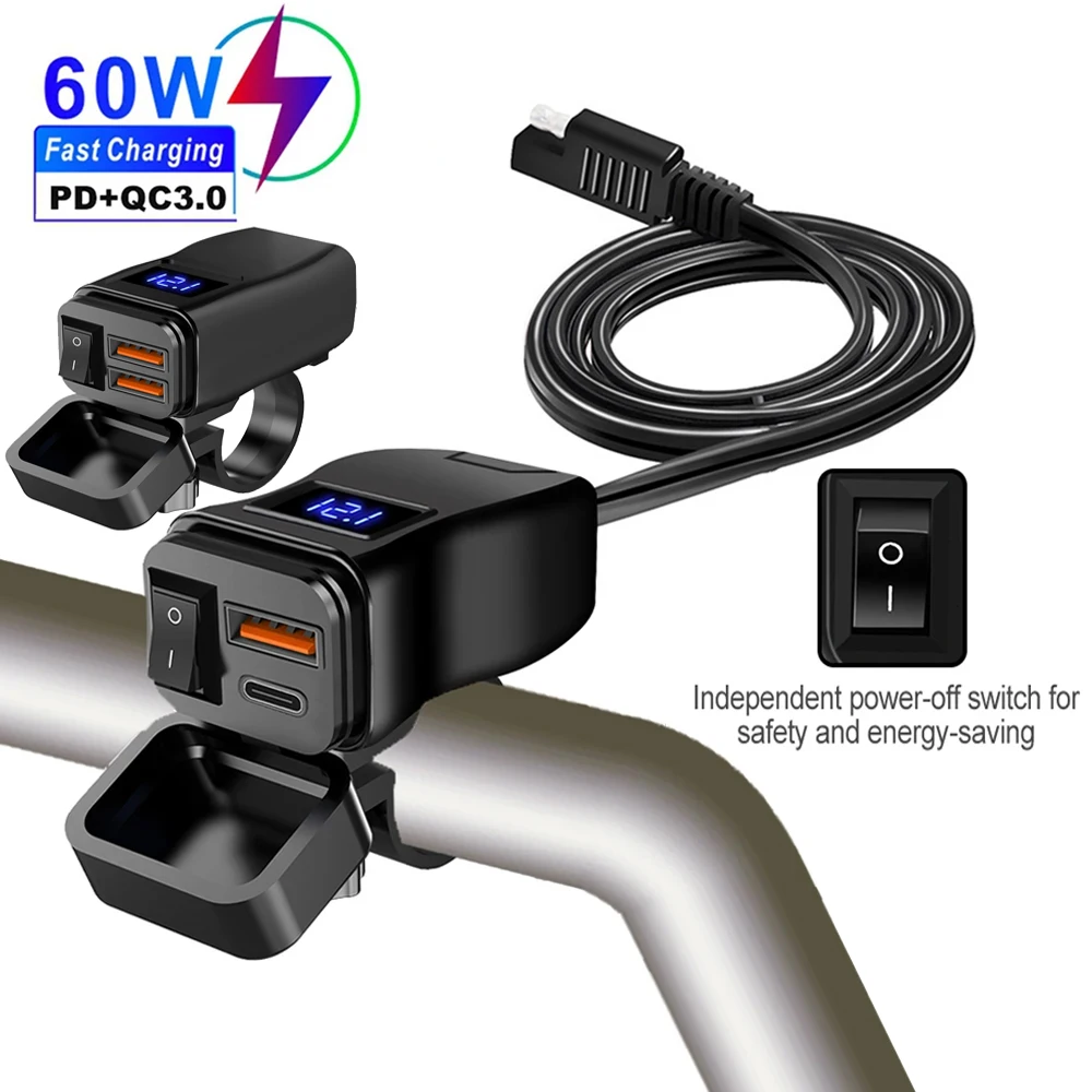 Pd+Qc3.0 Motorcycle Charger Dual Usb Qc3.0 Fast Power Adapter Socket with Switch Waterproof Voltmeter Motorcycle Accessories