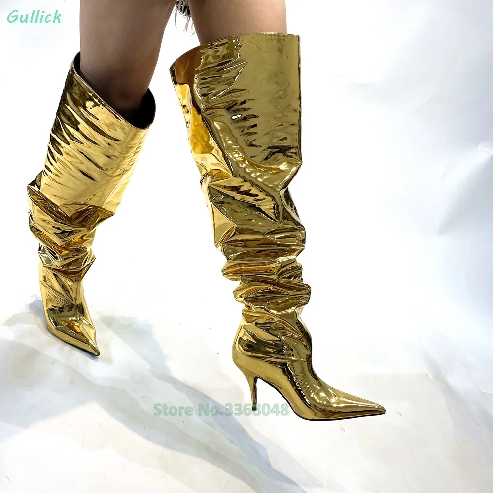 

Gold Pleated Slip On Slouchy Boots Silver Stiletto Thin High Heel Over The Knee Fashion 2024 Winter Autumn Runway Boots