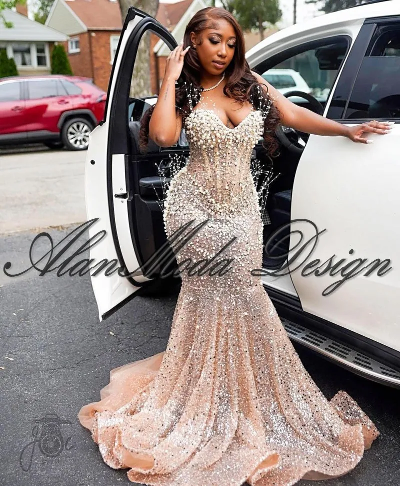 Luxury Champagne Pearl Prom Dresses For Women Sequin Mermaid Wedding Party Dress Customized vestidos de fiesta Evening Gowns