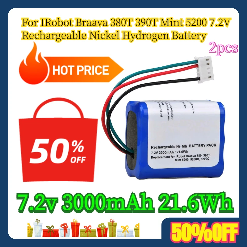 

2pcs 7.2v 3000mAh 21.6Wh For IRobot Braava 380T 390T Mint 5200 7.2V Rechargeable Nickel Hydrogen Battery