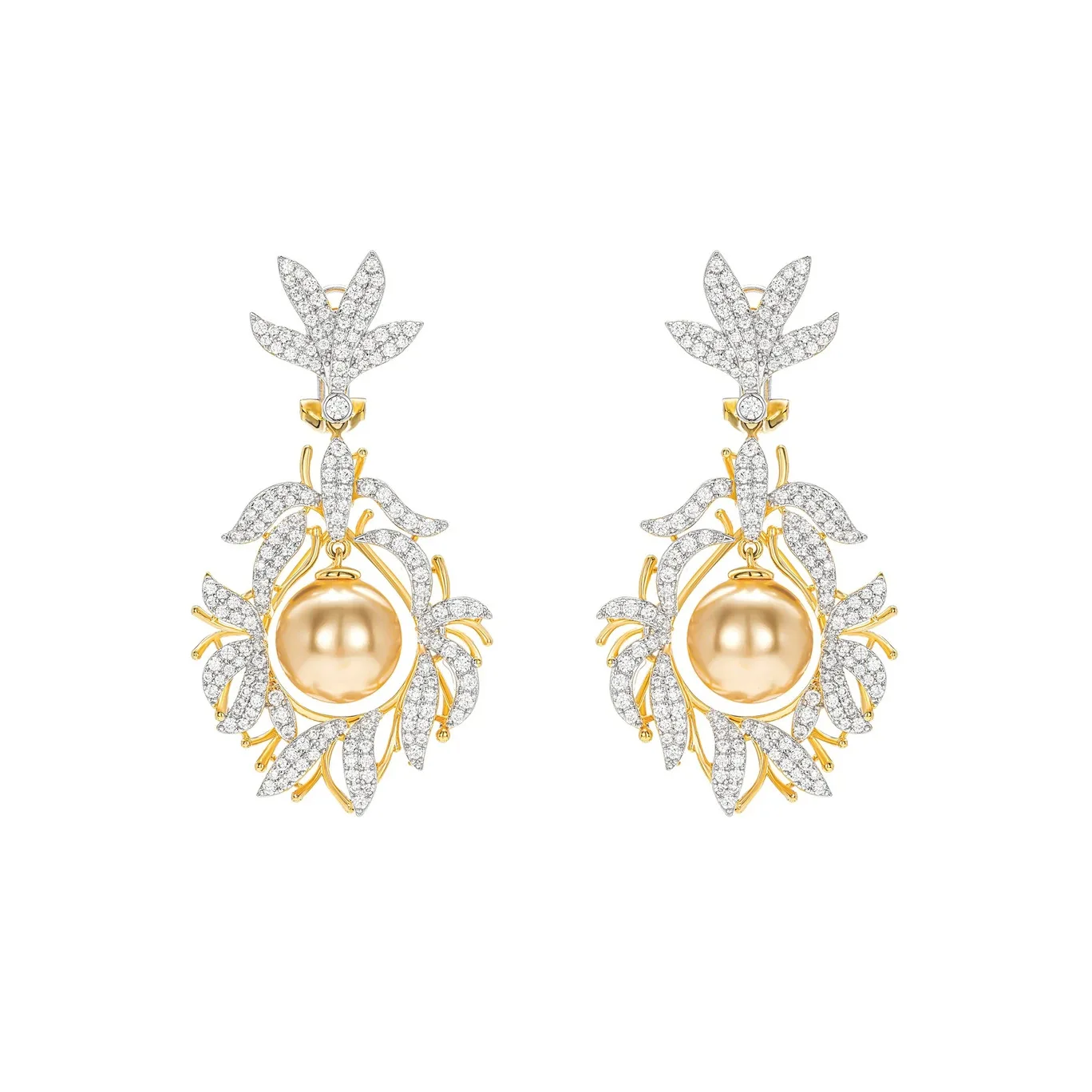 Elegant Leaf Design Drop Earrings Artificial 14mm Golden Pearl 925 Sterling Silver Fine Jewelry for Women's Anniversary Gifts
