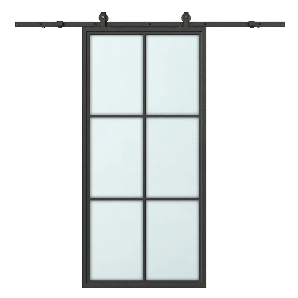 

36 in. x 84 in. 6-Lite Frosted Glass Black Aluminum Assembly Requied Interior Sliding Barn Door with Hardware Kit