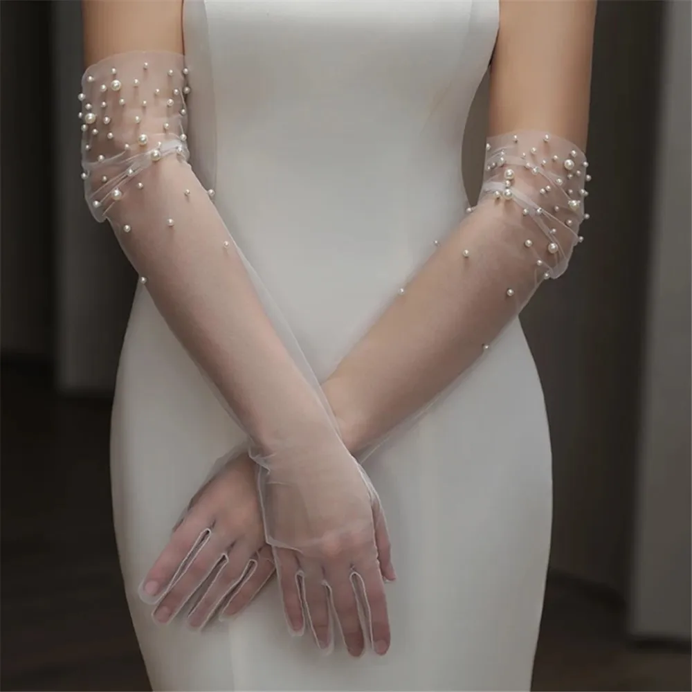 

Bridal Gloves Heavy Handmade Beading Elegant Long Slim Wedding Dinner Party Tulle Gloves Wedding Accessories