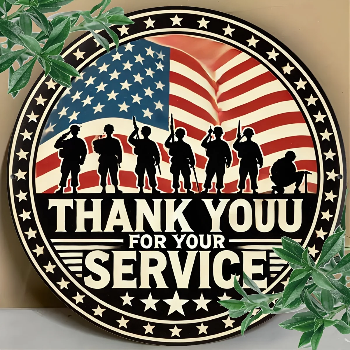8X8 Inch Round Sign with a Patriotic Theme - 'Thank You for Your Service' Featuring The American Flag, Suitable for Home, Cafe