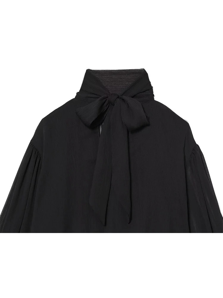 ربيع جديد المرأة قميص شيك الدانتيل يصل الرسن طوق موضة أنيقة طويلة الأكمام بلايز الصلبة الإناث مثير شير شارع العليا بلوزة #5