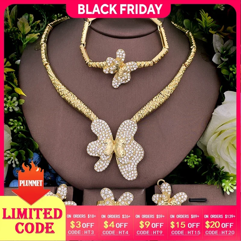 

Shiny Zircon Jewelry Set Africal Dubai Bridal Wedding Gift Gold Color Necklace Bracelet Chic Stud Earring Ring 2025 Trendy New
