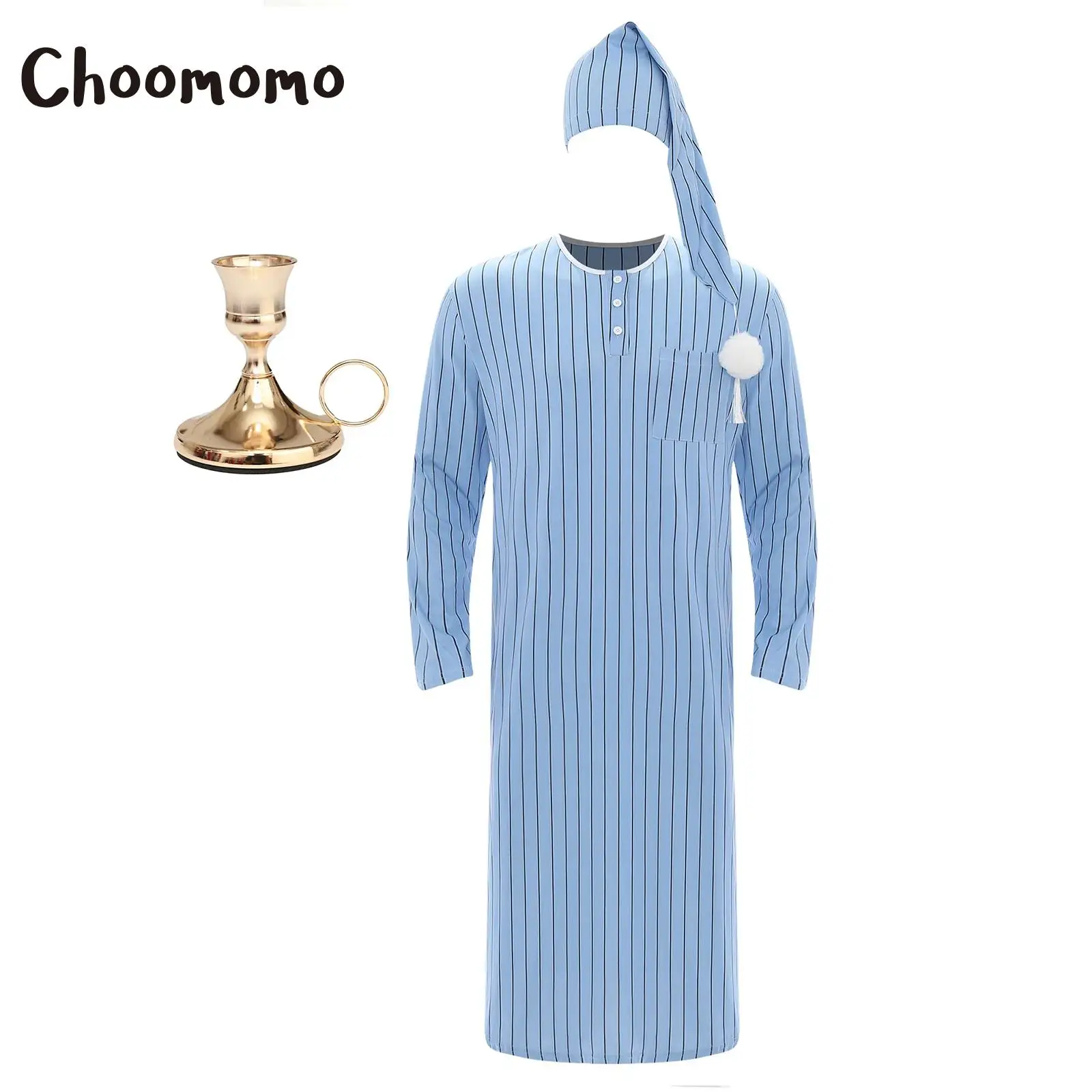 

Men Soft Loose Sleepwear Robe Long Sleeve Striped Sleep Nightdress Nightshirts with Hat Candlestick Christmas Party Pajama Set