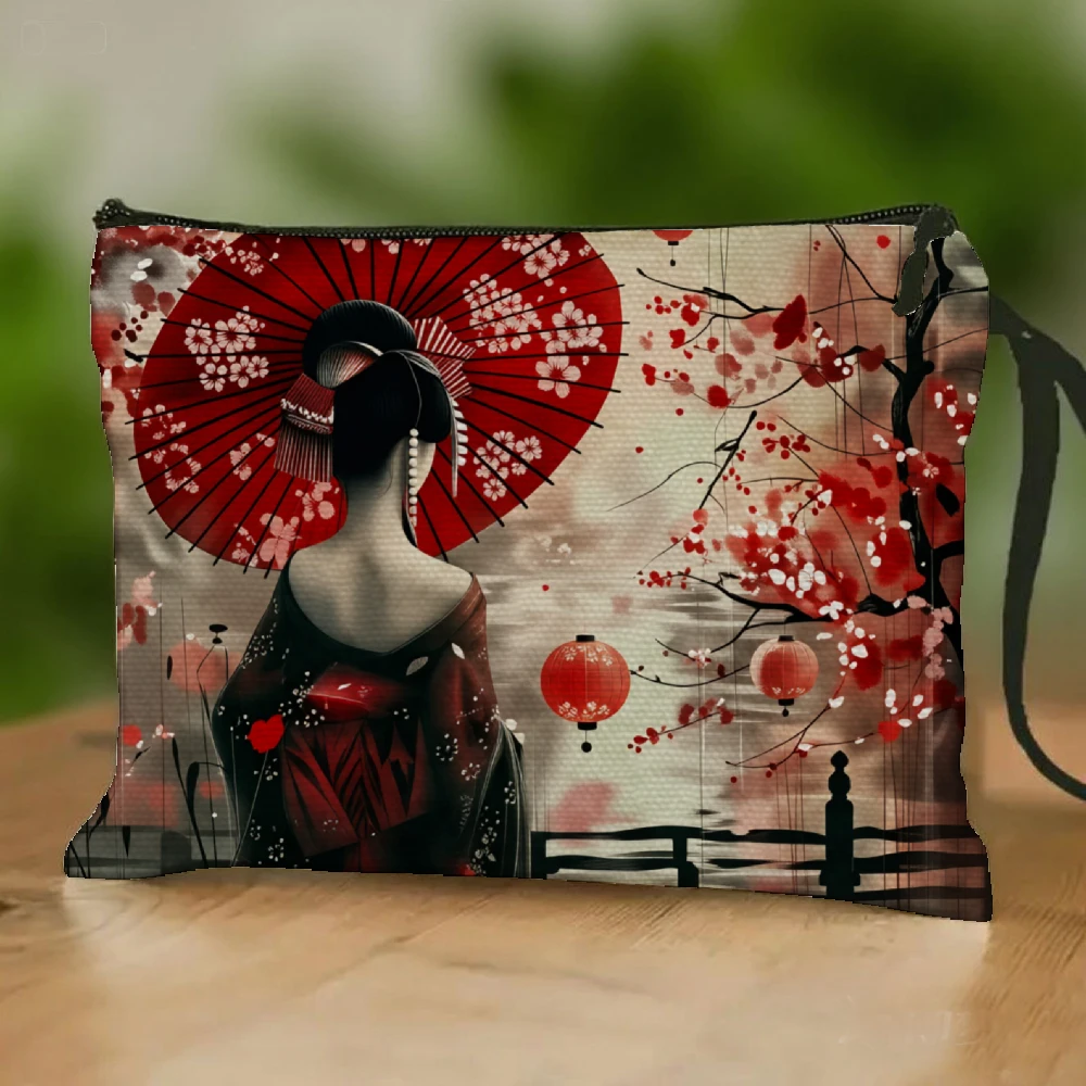 

A Stylish And Convenient Makeup Bag Inspired by Japanese Geishas Featuring a Zipper And Adorned with Red Cherry Blo