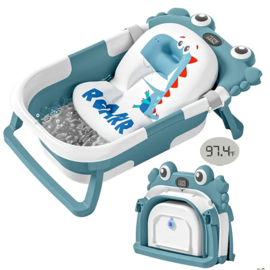 

Collapsible Baby Bathtub for Newborns with Thermometer and Soft Floating Cushion Portable and Foldable Travel Baby Bath Tub for