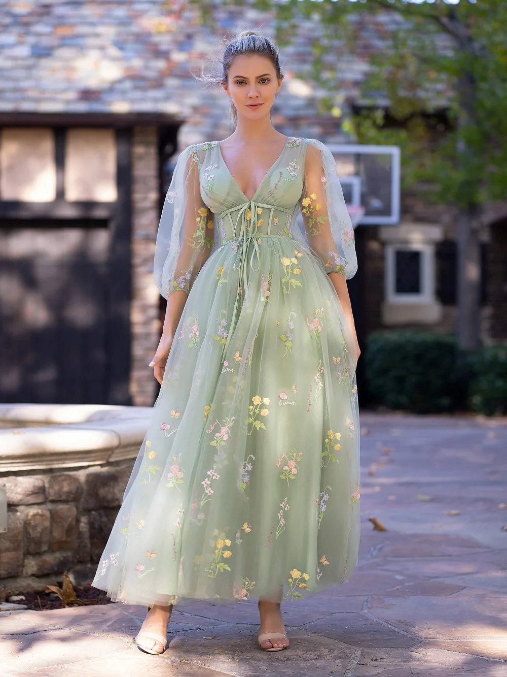 Sweetheart Embroidered Midi Prom Dress Women Green Tulle Puff Sleeves Floral Corset A Line Tea-Length Formal Evening Party Gowns