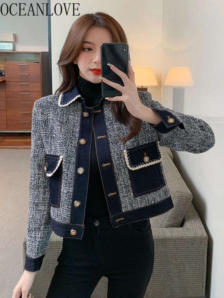 OCEANLOVE Autumn Jackets Women Vintage Korean Fashion Plaid Short Chaqueta Mujer Single Breasted All Match Veste Femme Tops