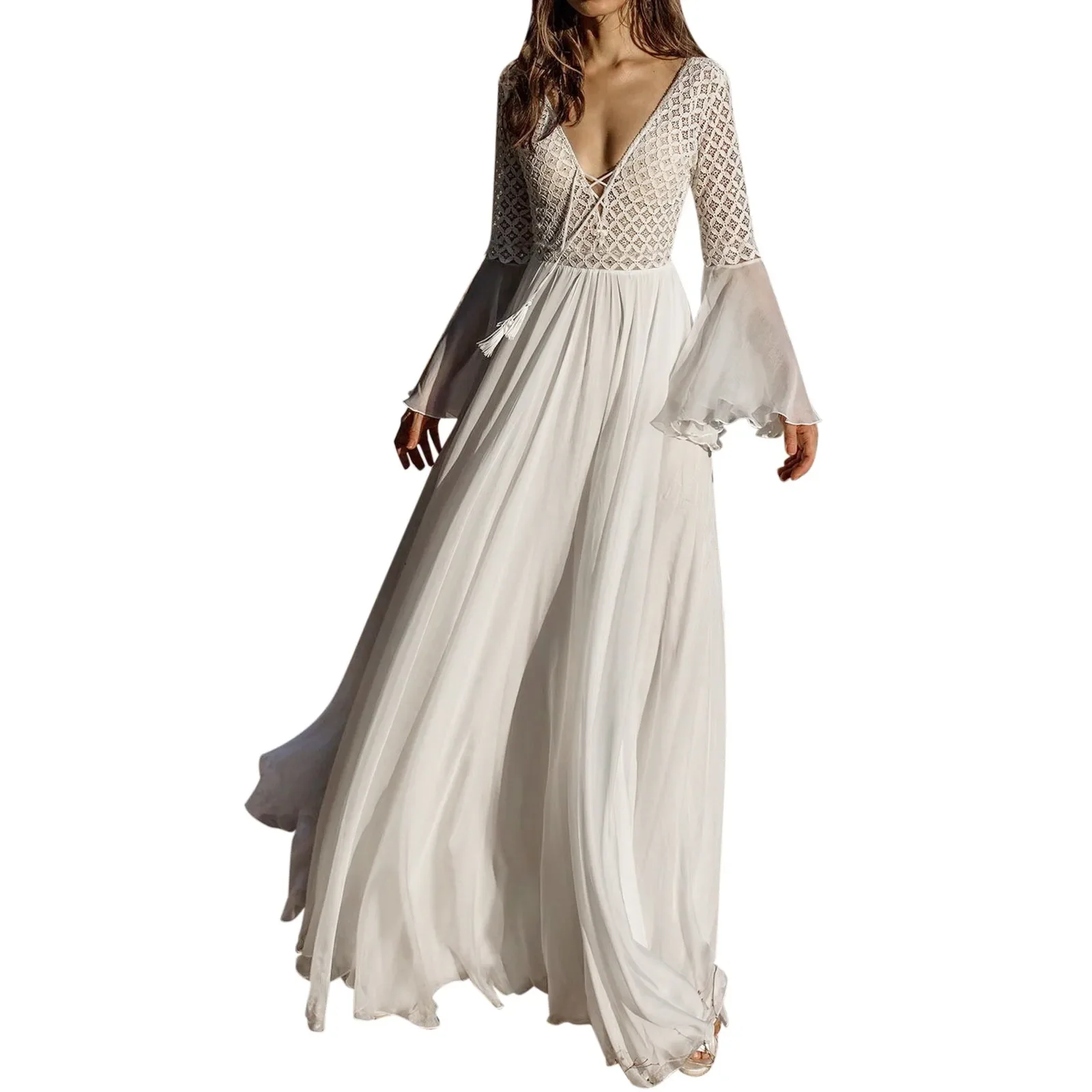 

Women's Bohemian Lace Maxi Dress White Bell Sleeve V-Neck Flowy Beach Wedding Gown Chiffon Floor Length Summer Dress