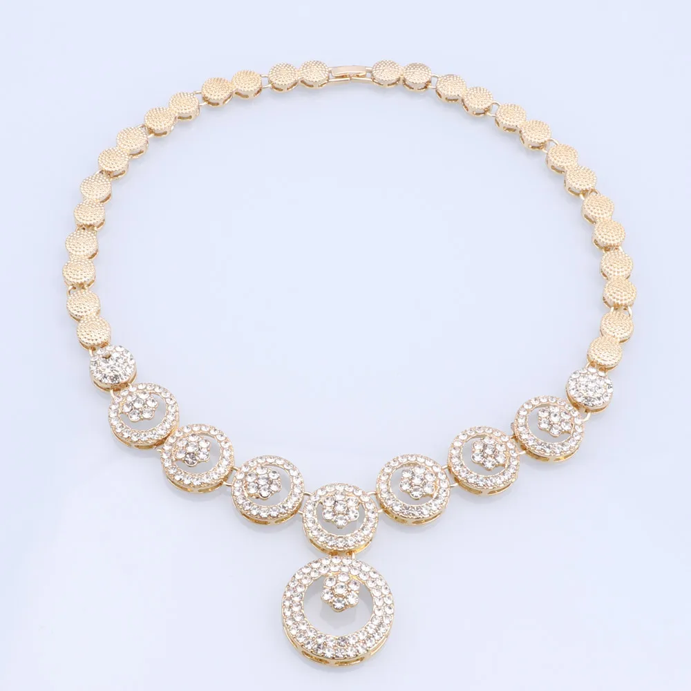 Vintage Dubai Jewelry Sets Gold Plated Crystal Round Necklace Earrings Ring Bracelet For Women Wedding Party Accessories