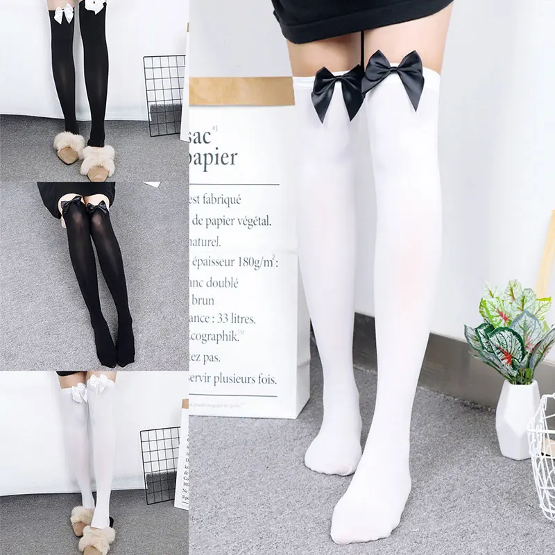 1 Pair Women's Sexy Thigh-High Bow Stockings Cosplay Long Japanese Style Soft Breathable Black White Stocking Pantyhose Gift