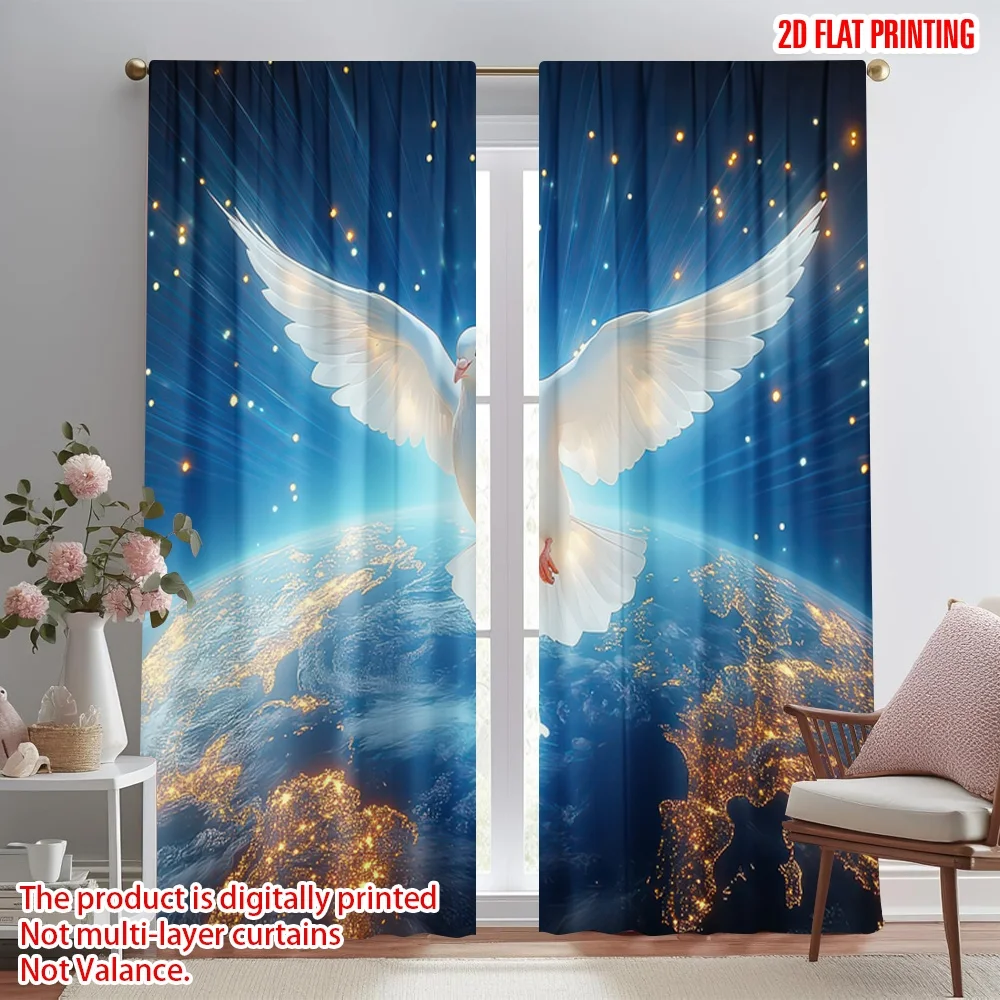 

2D flat printing 2pcs Curtain Peace Dove Over Earth(1) Digital Printed Polyester Drapes Family Party Use for Holiday Parties