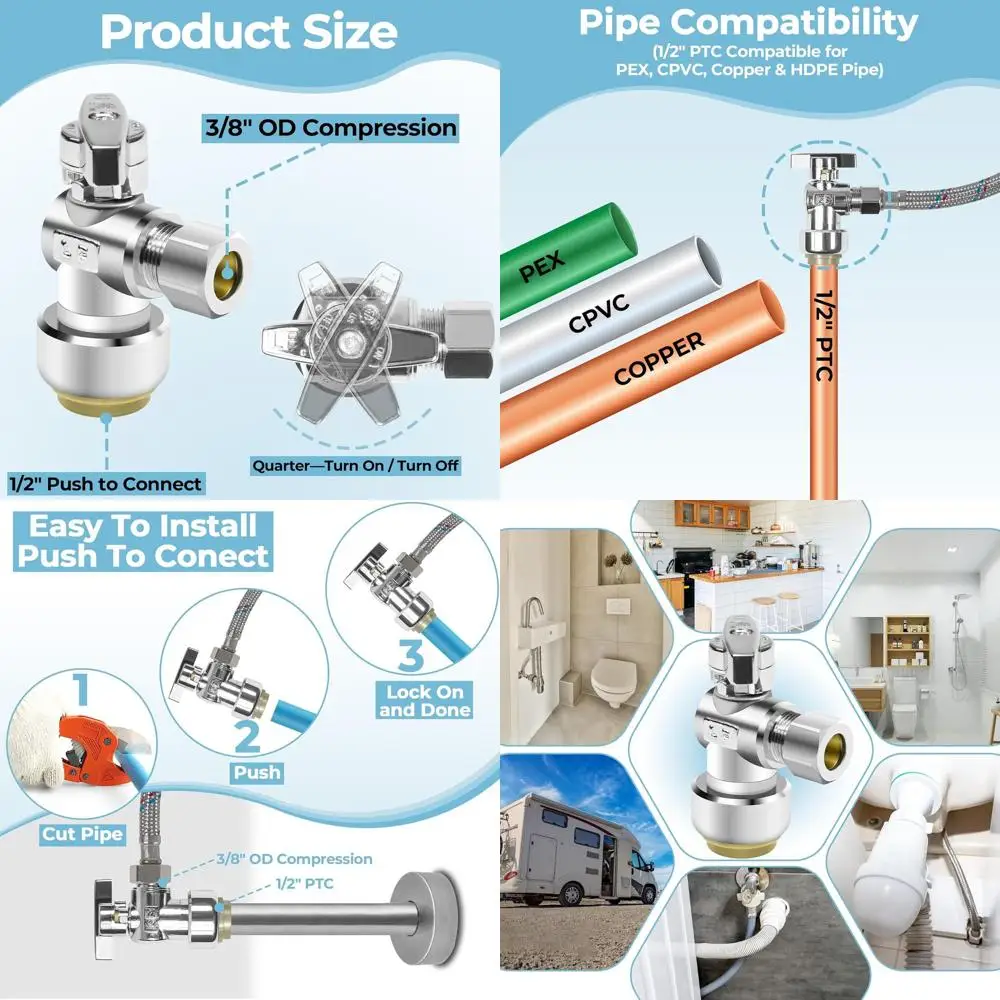 

10PCS 1/2 x 3/8 Compression Angle Stop Valves, 1/4 Turn, Lead-Free Brass, Compatible with Copper, CPVC, PE-RT, PEX Plumbing Syst