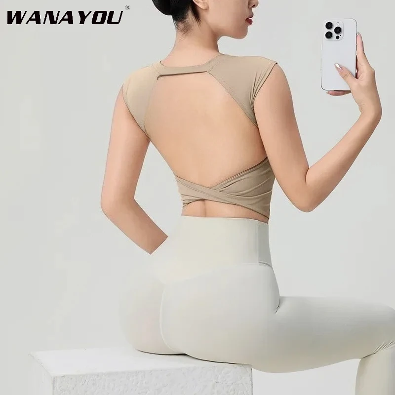 

WANAYOU Quick Drying Women's Yoga Shirt Quick Drying Sports Short Top with Cushion Twisted Hem Gym Fitness Vest Exercise Outfit