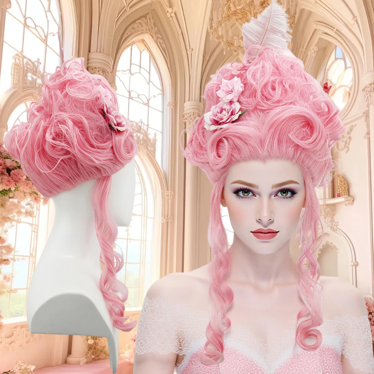 Pink Fluffy High-Top High Quality Synthetic Wig | Queen's Hairstyle with Feather Flowers | Wig for Queen Cosplay