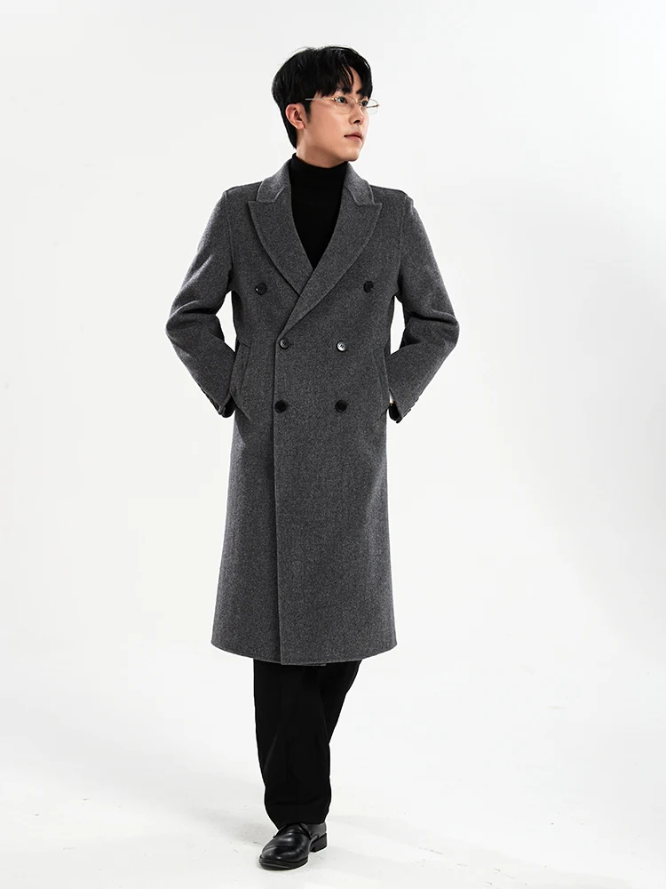 2024 New Double-Breasted 100% Pure Wool Woolen Coat Men's Closure Collar Long High-Grade Autumn and Winter Men's Trench Coat