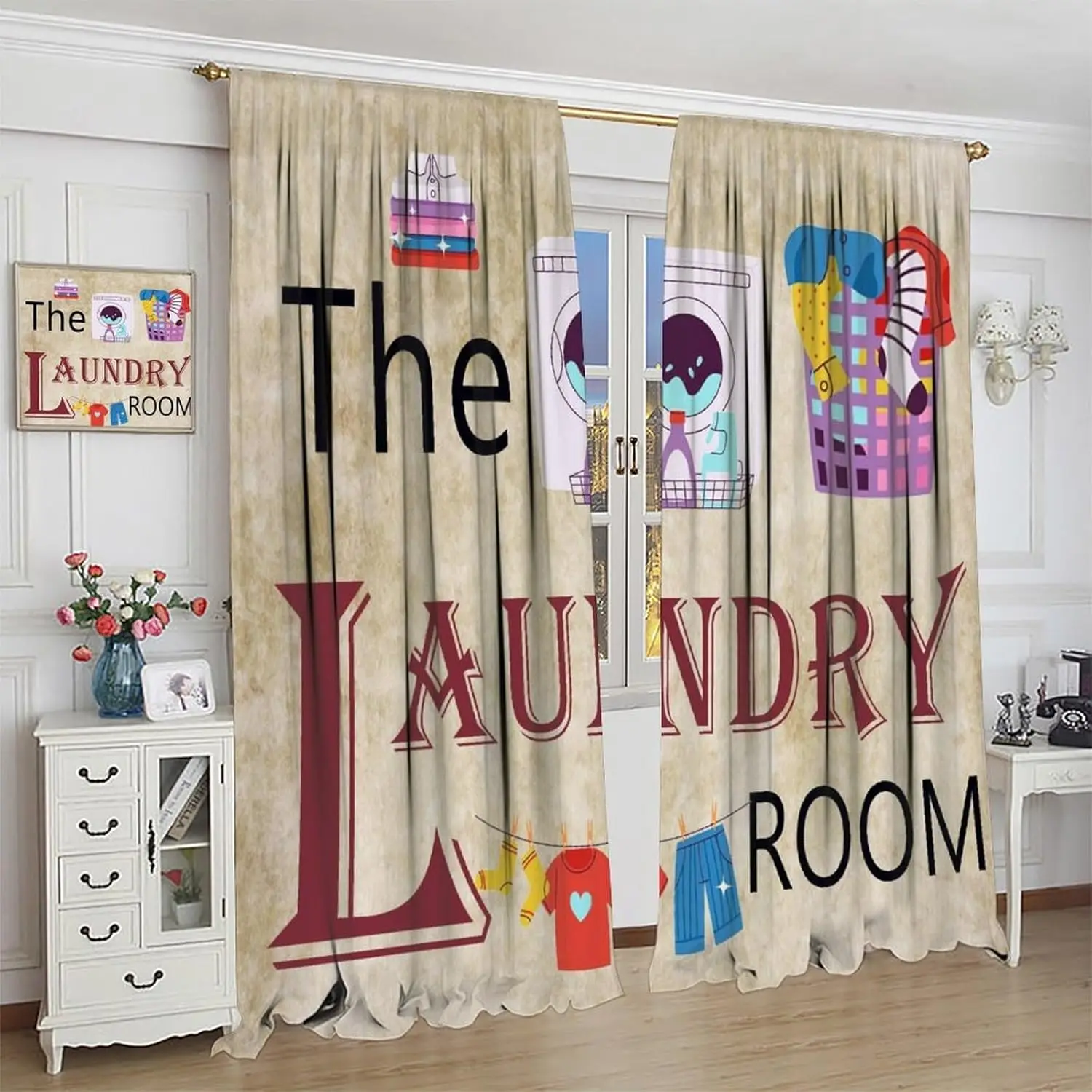 Laundry Room Curtains,Vintage Farmhouse Rustic Wash Dry Clothes Home Decor Drapes for Living Room Kitchen Window Treatment