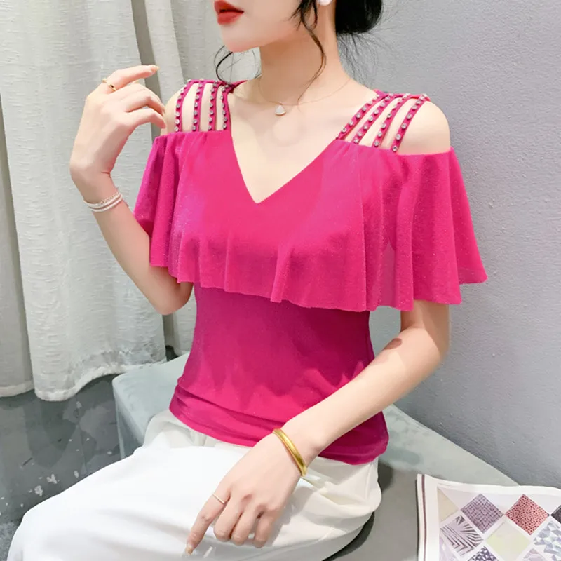 

Women Elegant V-neck Mesh Short Sleeve Top Summer New Designer Off Shoulder T-shirt Female Fashion Diamond Ruffled Top