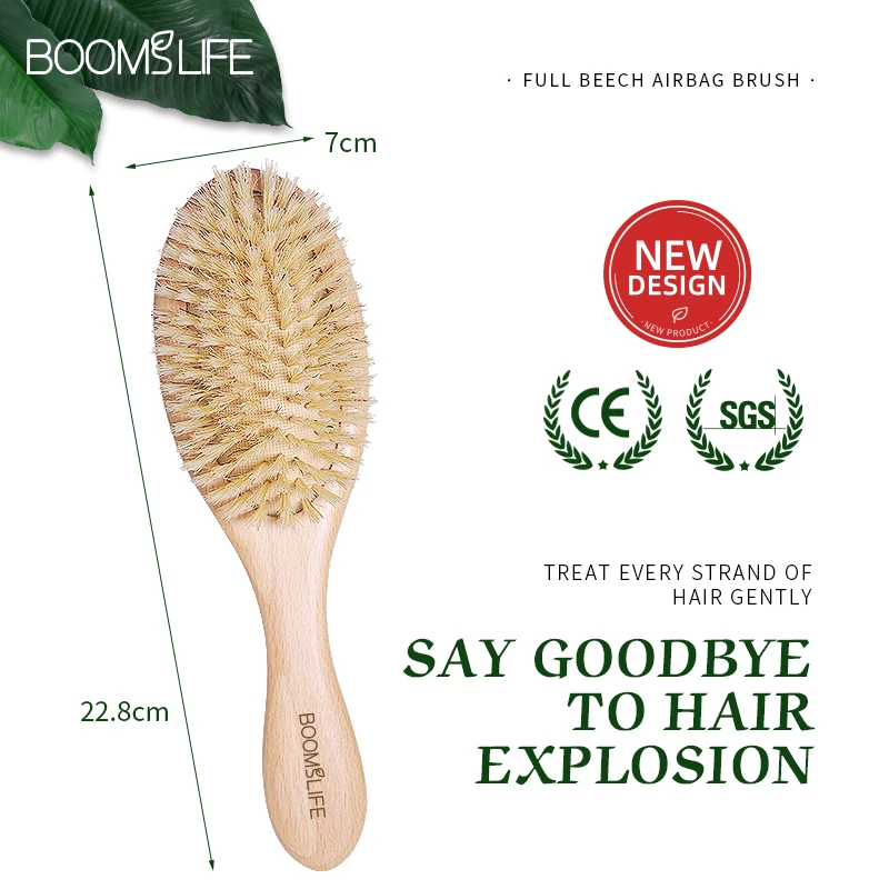 BOOMSLIFE Soft Boar Bristle Hair Brush Women Custom  Scalp Massage Wood Comb for Curly Thick Long Hair Detangler Hair Care Tool