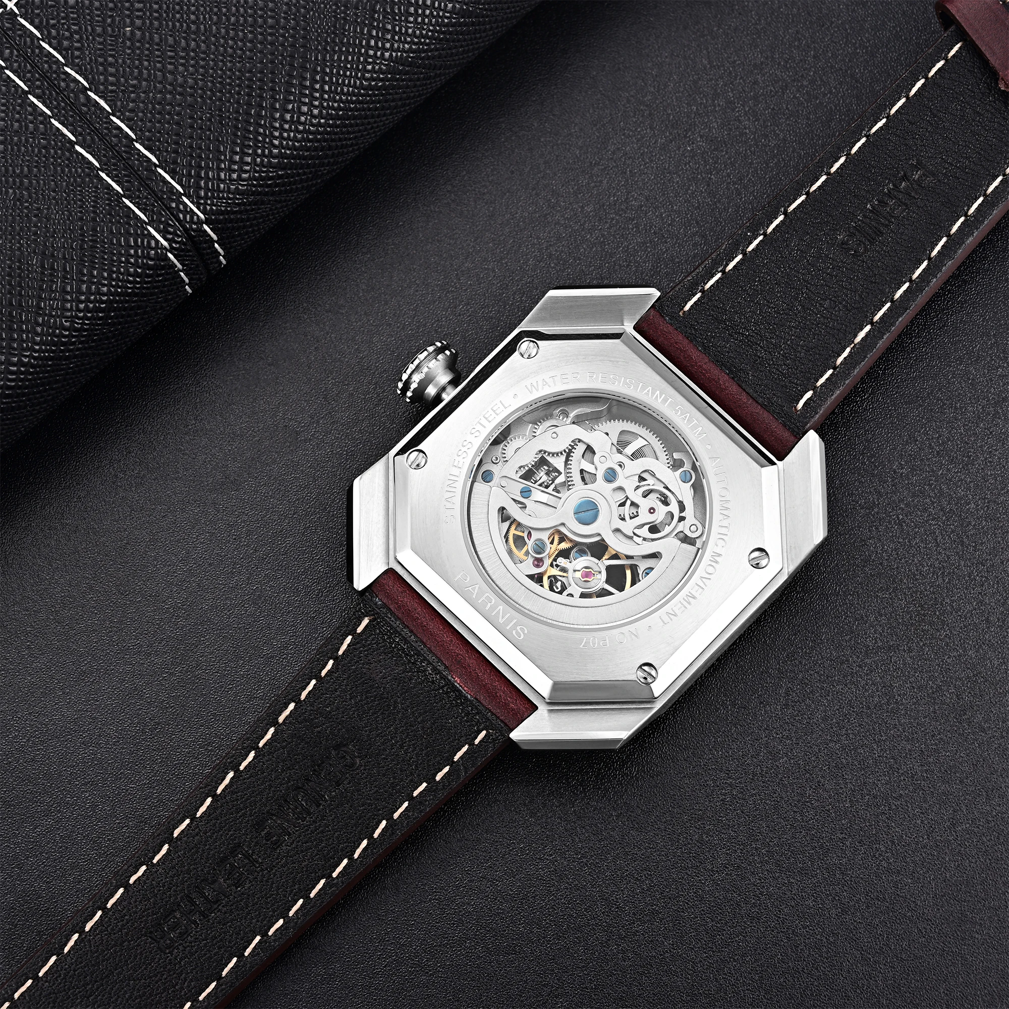 New Parnis 40mm Gray Dial Automatic Mechanical Men Watches Brown Leather Strap Stainless Steel Case Men Watch relogio mascullino