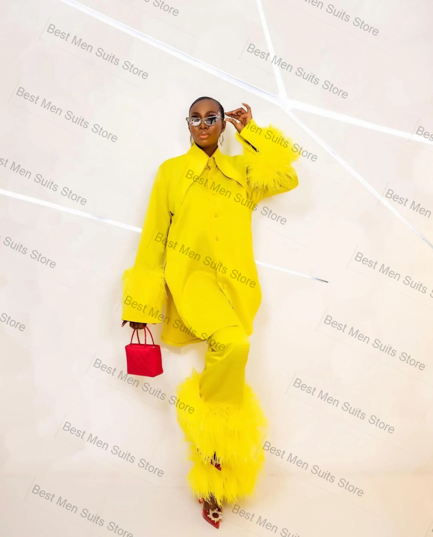 

Yellow Feather Women Suit Set 2 Piece Blazer+Pants Trousers Formal Office Business Jacket Customized Wedding Tuxedos Cotton Coat