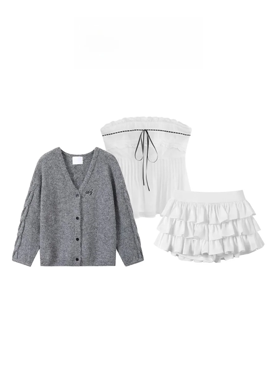 

Gray Knitted Open Cardigan And Cake Skirt Set Korean Style Whole Set Pure Desire Early Autumn Fashion Women's Ensemble