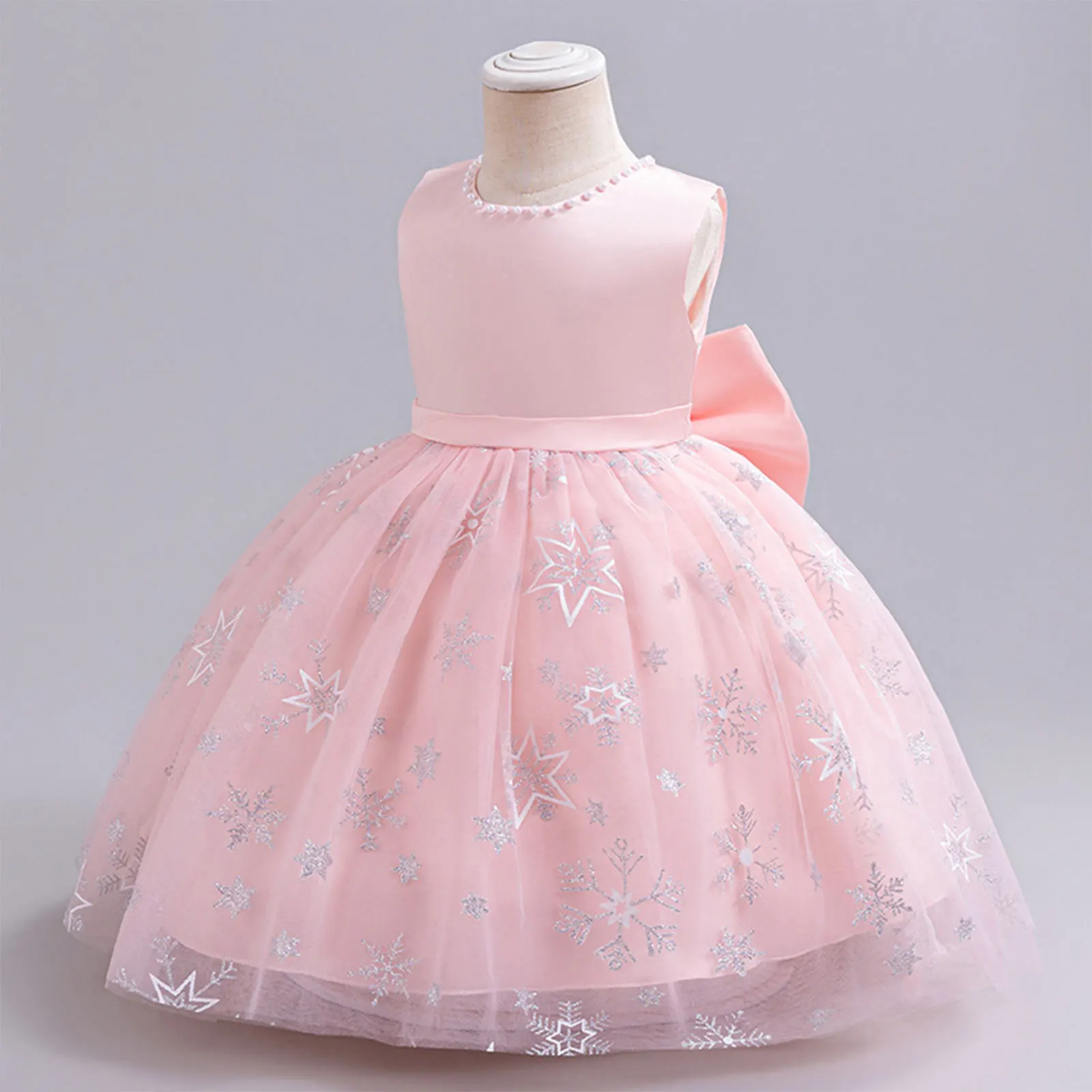 Vestido de princesa sem mangas com bowknot e pérolas para meninas, vestidos de tule para concurso formal, casamento e aniversário, florista, crianças e bebês