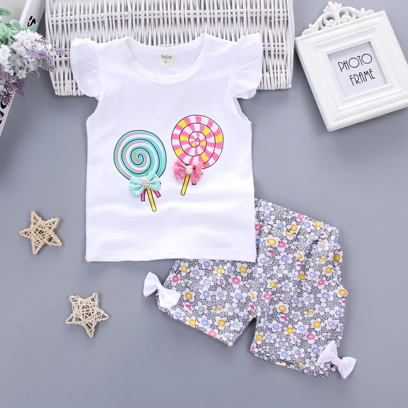 

Baby Girl Clothes 2Pcs Set Ruffle Sleeve T-shirt Pant Two Piece Cotton Flower Print Toddler Outfit Bow Kid Children Costume A520