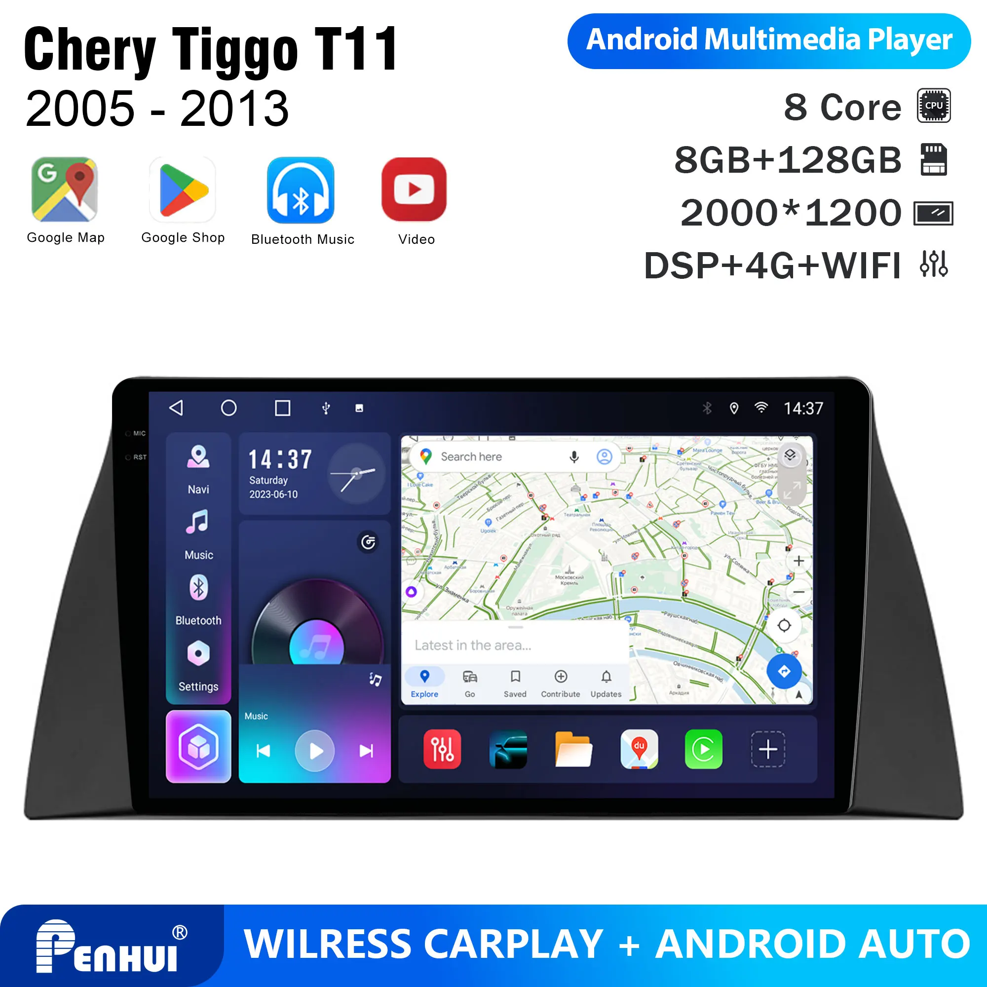 

Penhui for Chery Tiggo T11 2005 - 2013 Android Car DVD Multimedia Player Screen Audio Video 2 Din DSP Bluetooth CarPlay Radio
