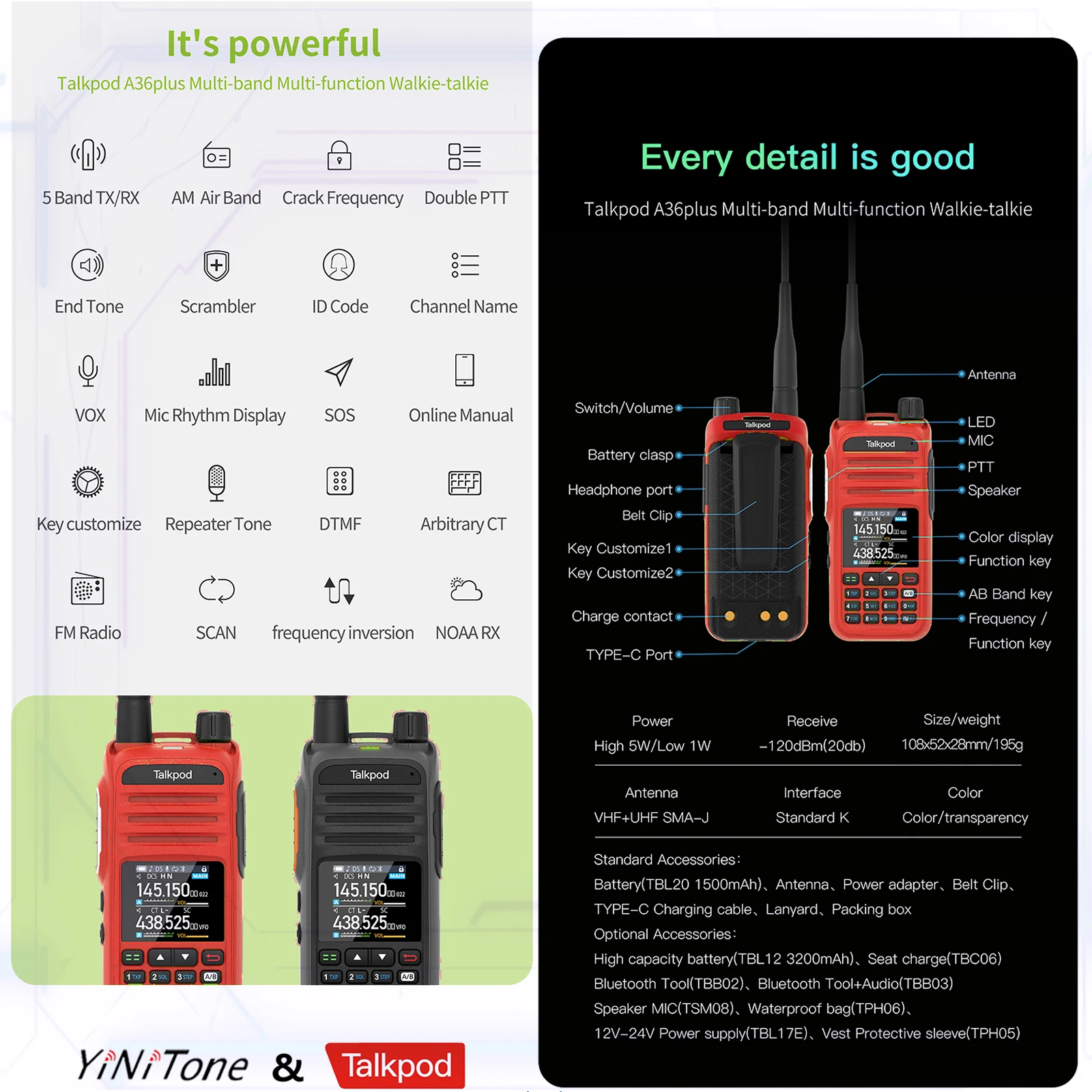 Waterproof UHF/VHF/AM/FM Multi-Band A36plus Portable Two Way Radio Multi-Function with Color Display Type-C Transceivers red