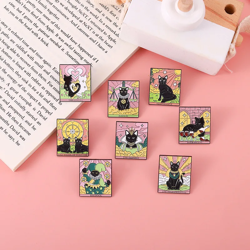 Black Cat Tarot Enamel Pin Cartoon Punk Animal Badge Metal Lapel Clothes Backpack Witch Card Goth Jewelry Friends Gift Wholesale