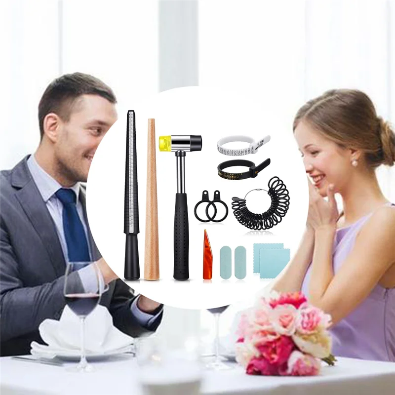A26F-Ring Size Measuring Tool Belt 11 Piece Ring Mandrel Set, Ring Mandrel Jewelry Hammer Ring Sizing