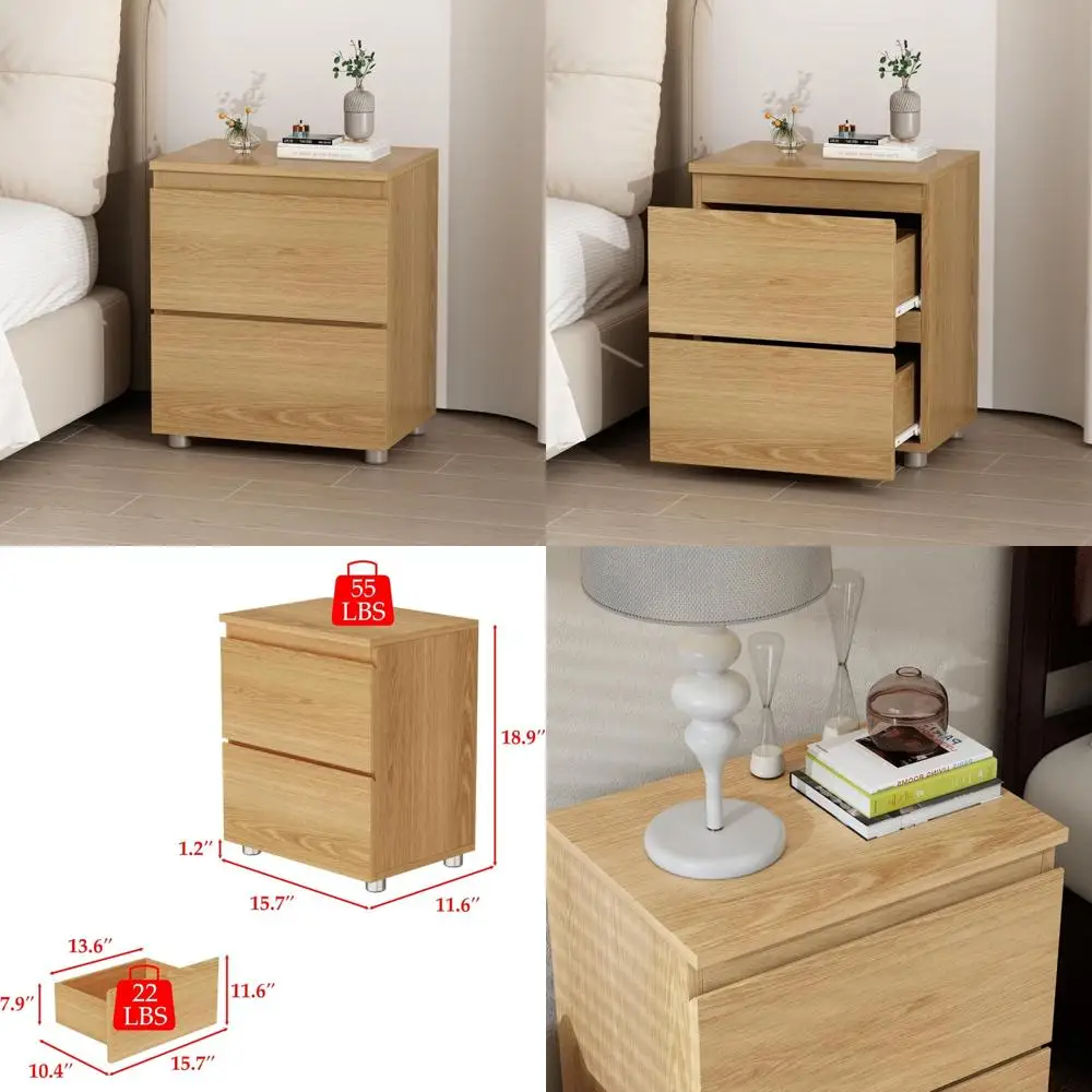 

contemporary 2-drawer wood nightstand for bedroom, handleless design, 15.7" wide x 18.9" high