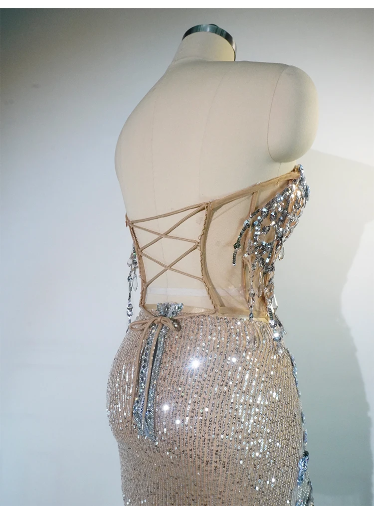 Vestidos de noche exclusivos con diamantes de imitación brillantes, lentejuelas y cuentas, trajes formales para actuación en escenario, trajes de bailarina y cantante