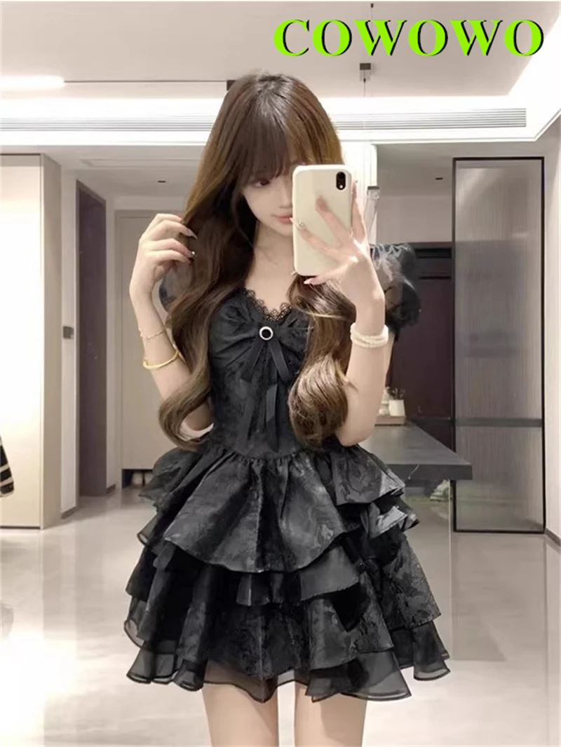 

COWOWO French Style Spring Summer Solid-color High-end Black Dress With A Fitted Short Skirt New Anime Daily Outfit