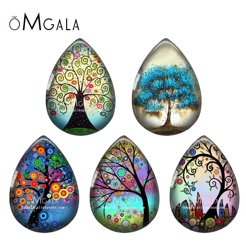 5pairs Colorful Tree of Life Drawing patterns Water Drop Photo Glass cabochon flat back for DIY Earrings Jewelry Making Findings