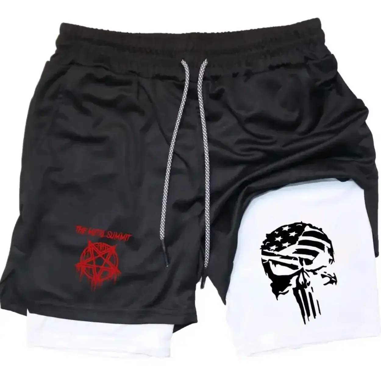 

European and American dark style skull print men's shorts double-layer two-in-one fitness running sports pants quick-drying