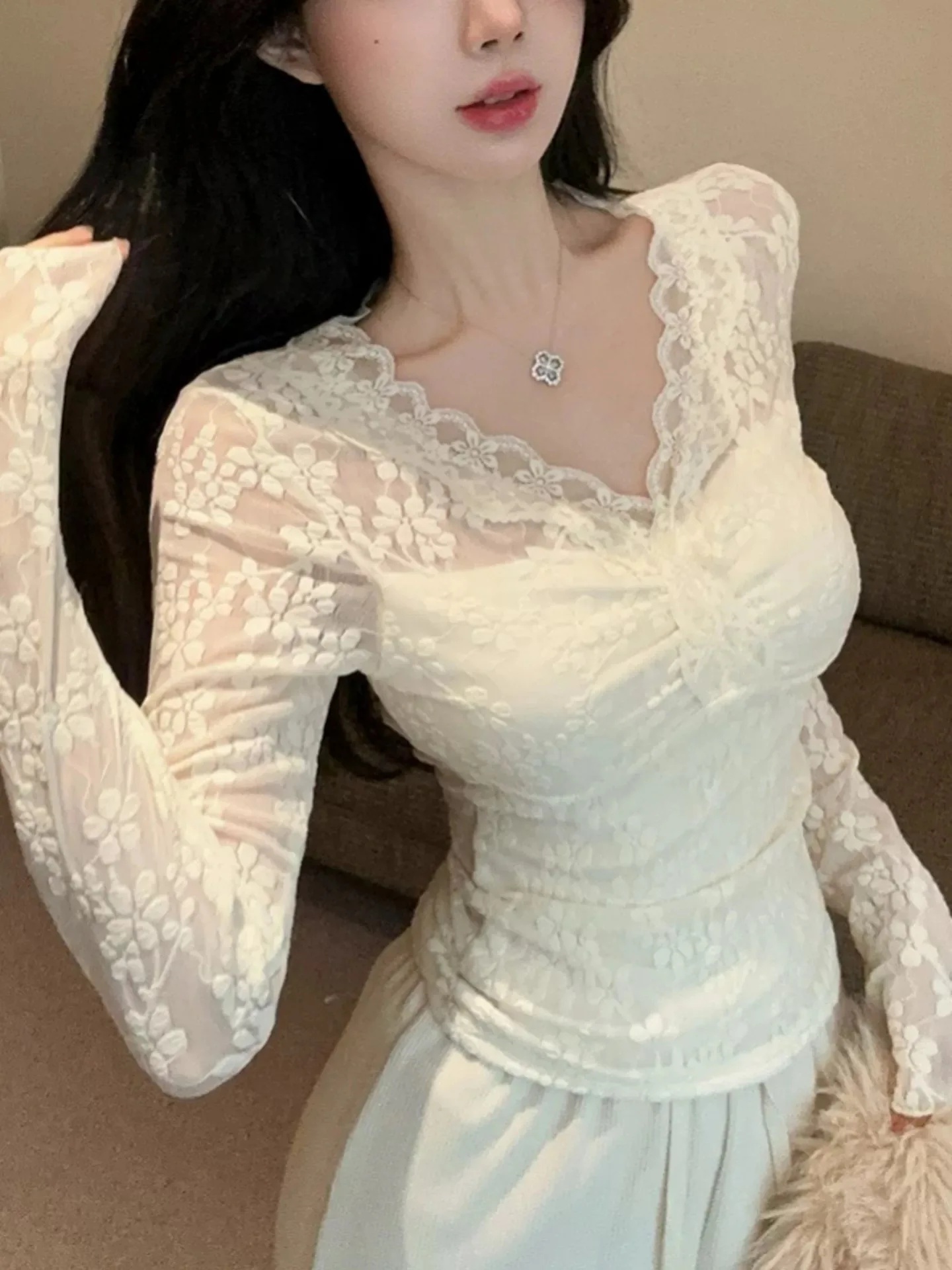 Elegant Lace Trim Hollow out Base Layer Top Long Sleeve Women's Slim Fit Shirt Unique Style Autumn Winter New Arrival